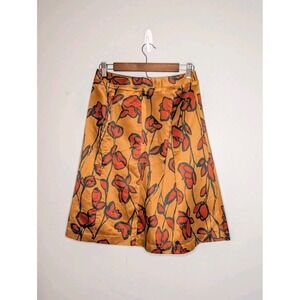 Pleated Floral Midi Skirt Size 2 Burnt Orange Copper Red Flower Print Satin Feel
